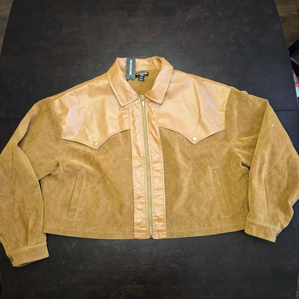 PrettyLittleThing Plus Tan Faux Suede Leather Western Bomber Jacket Size 14 NWT
